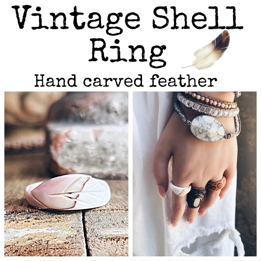 Vintage Hand-Carved Conch Shell Feather Ring - Size 9 - Artisan Boho Statement